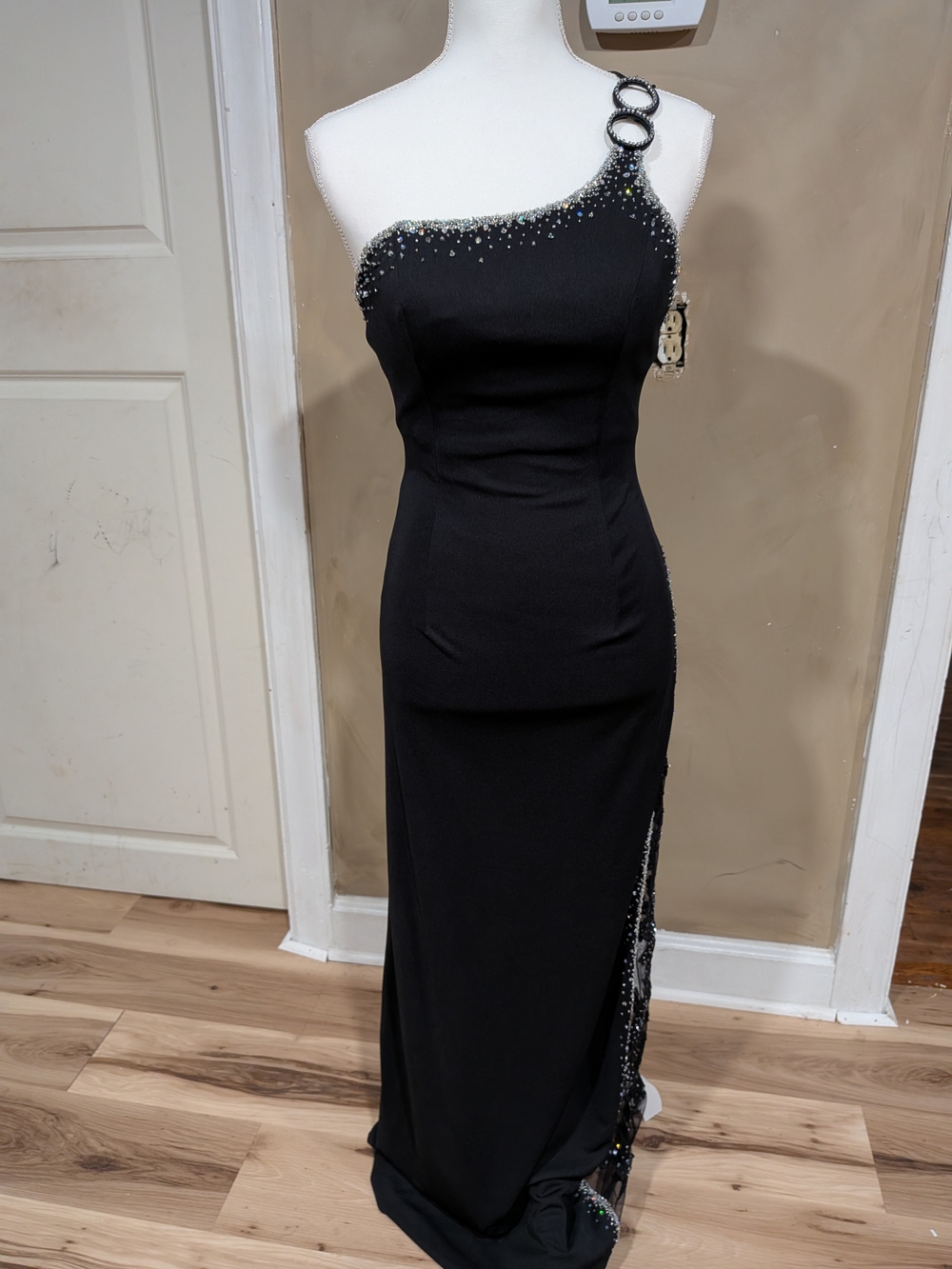 Black One-Shoulder Evening Gown with Beaded Trim